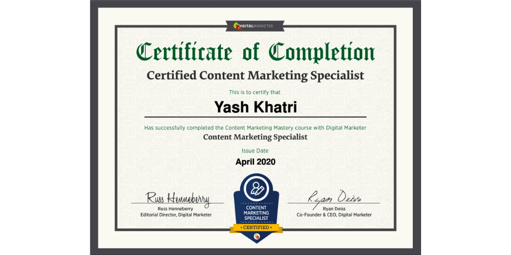 Yash A Khatri's Certificate By Digital Marketer